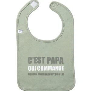 LET83700 Bavoir "C'est papa qui commande" vert de gris