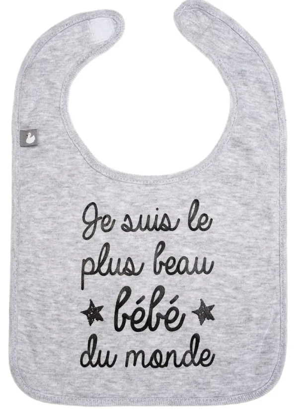 LET83700 Bavoir "Je suis le plus beau bébé du monde" gris chiné