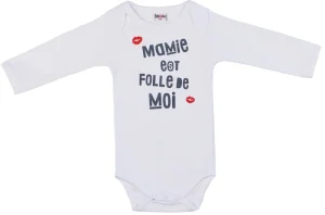 LET83700 Body manches longues " Mamie est folle de moi" blanc
