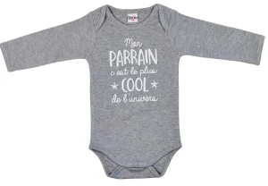 LET83700 Body manches longues "Mon parrain c’est le plus cool" gris chiné