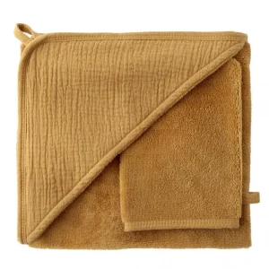 LET83700 Cape de bain + gant en bambou & gaze noisette Mix & Match