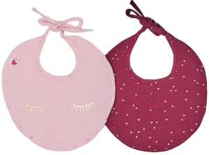 LET83700 Lot de 2 bavoirs naissance en gaze de coton Girly Chic blush/prune pois or