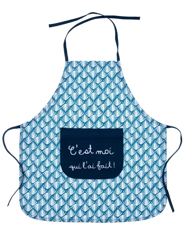 LET83700 Tablier de cuisine en coton enduit "C’est moi qui l’ai fait" bleu/blanc