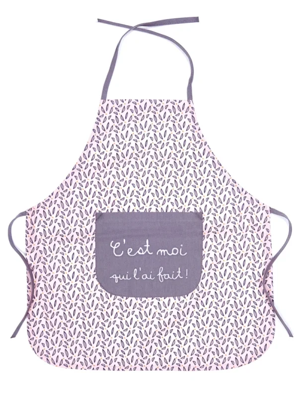 LET83700 Tablier de cuisine en coton enduit "C’est moi qui l’ai fait" rose/gris